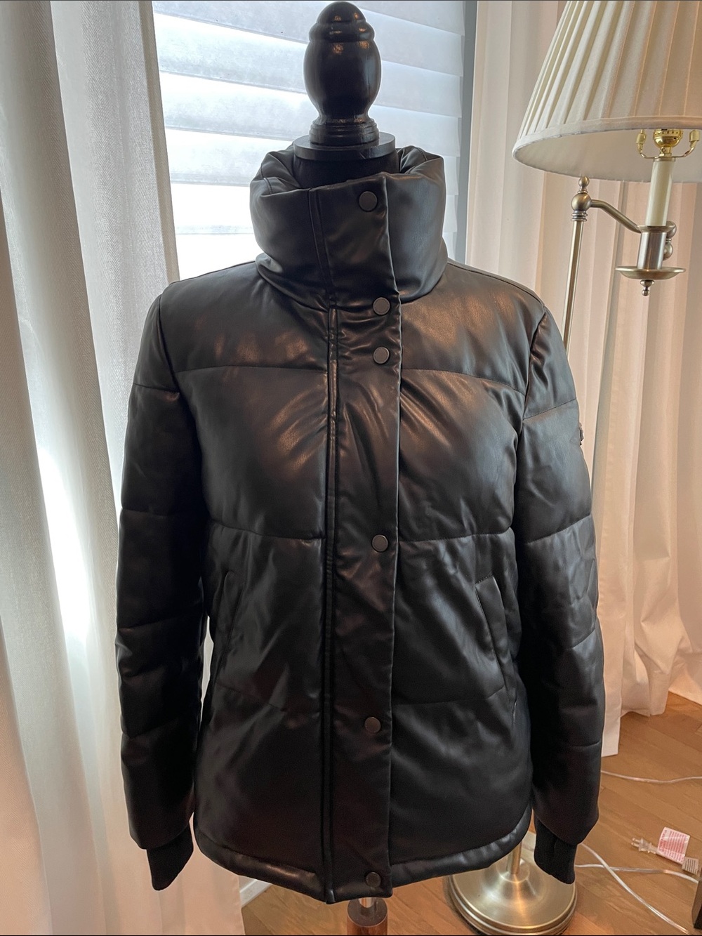 BCBGMaxAzria Black Pleather Puffer Jacket with High Collar - Women’s Size XS